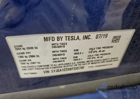 2019 Tesla Model S z USA, uszkodzony, nr VIN 5YJSA1E2XKF335700